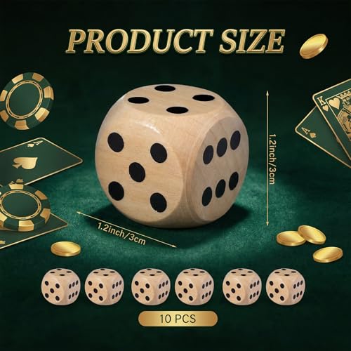 Poen 10 Pcs Wooden Dice Set 30mm 1.18 Inches D6 Large Jumbo 6 Sided Game Dice Bulk with Numbers 1-6 Round for Table Board Games Party Favors (Natural Wood) - color: Natural Wood
