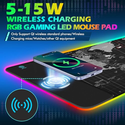 ToLuLu RGB Gaming Wireless Charging Mouse Pad, 5/7.5/10/15W LED Mouse Pad | 10 Light Modes Computer Keyboard Mat Mousepad, 800x300x4MM Extended Large Desk Mat for Gaming, MacBook, Laptop, PC, World Map - color: World Map