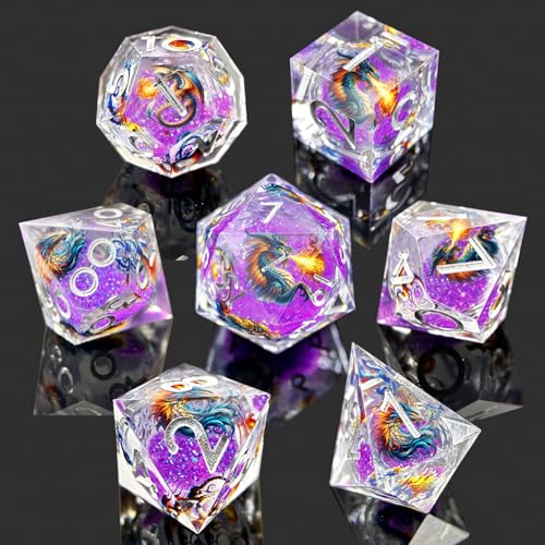 DND Dragon Resin Dice Set 7 Pcs Polyhedral Dice/Transparent Resin Dice with Embedded Dragon Phoenix Art, Premium Tabletop Game Dice for TTRPG, Pathfinder, MTG (Purple & Silver) - color: 6 Purple & Silver