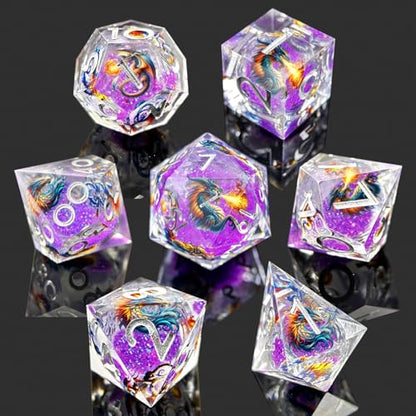 DND Dragon Resin Dice Set 7 Pcs Polyhedral Dice/Transparent Resin Dice with Embedded Dragon Phoenix Art, Premium Tabletop Game Dice for TTRPG, Pathfinder, MTG (Purple & Silver) - color: 6 Purple & Silver