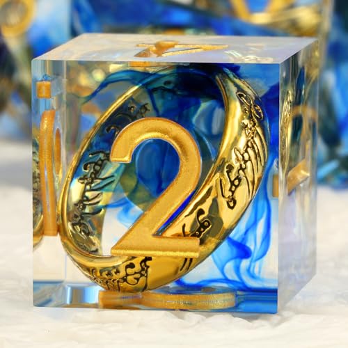 DNDND Sharp Edge D&D Dice Set - 7-Piece Swirl Resin with Golden Ring Inside with Gift Case for DMS & Players - Blue - color: Ring Blue