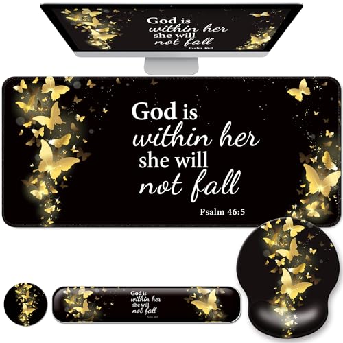 Desk Mat Set Keyboard and Mouse Pad with Wrist Rest Support | Ergonomic,Pain Relief, 4-in-1 Large Big Mousepad Computer Mats,Desk Pad Matt Mats for Desktop Home & Office - color: E3-Golden Butterflies