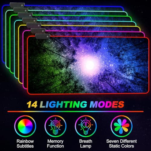 Gaming Mouse Pad RGB Starry Sky, Forest Large Mousepad with Non-Slip Rubber Base, Cool XXL Computer Desk Pad, 35.4 x15.7In Big Gaming LED Light Up Mouse Pad for Gamer - color: Starry Sky Forest