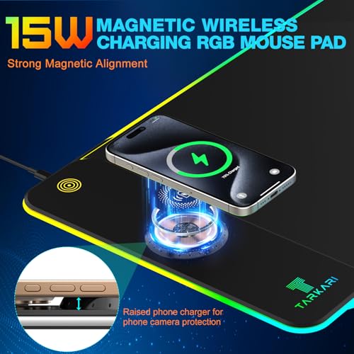 TARKARI Magnetic Wireless Charging RGB Mouse Pad, Large Gaming Desk Mat Waterproof, 31.5"x11.8" Black Mousepad, Ultra-Smooth Surface, Non-Slip Rubber Base, Desk Pad for Keyboard Laptop - color: Black