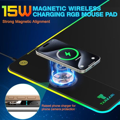 TARKARI Magnetic Wireless Charging RGB Mouse Pad, Large Gaming Desk Mat Waterproof, 31.5"x11.8" Black Mousepad, Ultra-Smooth Surface, Non-Slip Rubber Base, Desk Pad for Keyboard Laptop - color: Black