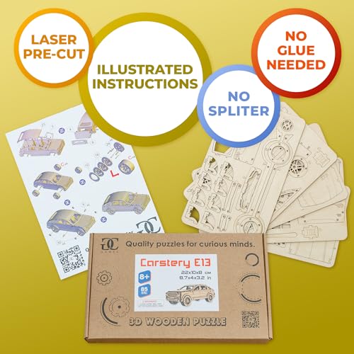 CG Games 3D Wooden Puzzles, CARSTERY E13 Car Model Kit. Self Building Vehicle DIY Kits, Wood Puzzle Models for Kids to Build, Brain Teaser Educational Puzzle Gifts for 8 Years Old and Up