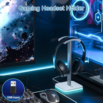 Headphone Stand for Desk - Headset Stand Headphone Holder (RGB-White) | with Aluminum Hanger and Plastic Headrest, headphone holder for AirPods Max, Sony, Bose, Beats and More - color: RGB-White