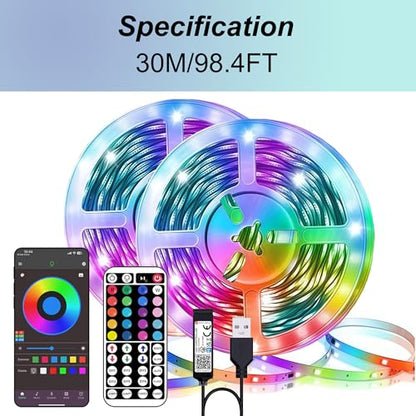 NBBUFF 98.4 ft Smart RGB LED Strip Lights，Control via App or Remote，Features Music Sync and Timer Functions，Perfect for Creating Ambiance in Bedrooms, Living Rooms, Christmas Parties, Home Decor - size: 98.4FT