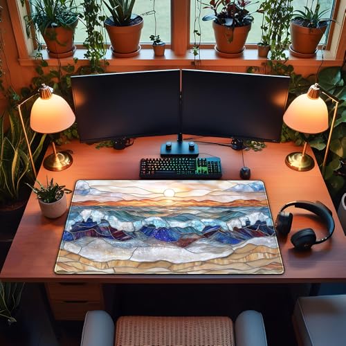 Mountain Sunrise Gaming Mouse Pad Large Desk Mat Extended Mouse and Keyboard Pad, Faux Stained Glass Nature Mousepad with Stitched Edge Mouse Desk Pad Computer Mat Soft Aesthetic Decor 31.5 X 15.7 in - color: D-enamel Beach