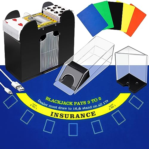 Aoriher Blackjack Game Combo Set, Include Blackjack Layout Felt,Shoe 6 Deck Automatic Card Shuffler Discard Holder Trays and 10 Cut Cards for Casino, Party Night(Blue) - color: Blue