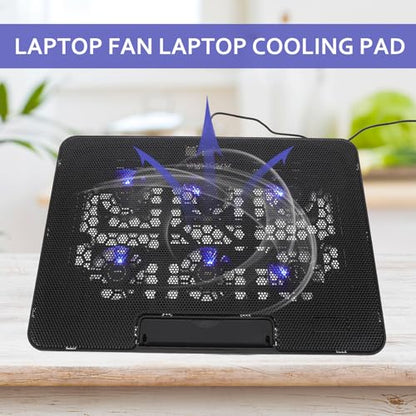 Kisangel Laptop Cooling Pad, 6 Fan Silent Cooler Stand for 15.6 in Notebook | Features blue LED lights, USB powered cooler stand with ergonomic, adjustable height, gaming, office, 14.1 x 10 inches