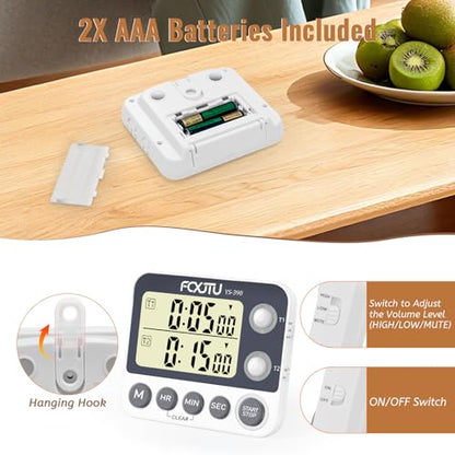 Digital Dual Kitchen Timer with Magnetic Back & Memory Presets, 2 Groups Countdown/Up Stopwatch Timer, 3-Level Volume + LED Alert, On/Off, 100Hr Max for Cooking, Baking (Battery Included) - size: Dual Timer