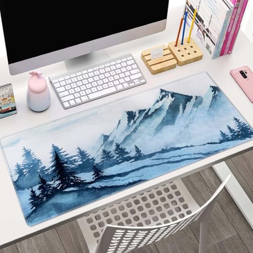 Watercolor Winter Mountains Landscape Desk Mat, Extended Big Mouse Mat for Home and Office, Large Gaming Mousepad Laptop Keyboard Mat with Non-Slip Rubber Base, Stitched Edges (31.50"x11.8"x0.12") - color: Watercolor Winter Mountains Landscape