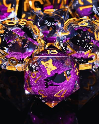 Froggod 싱글 리퀴드 코어 캣 D20 주사위 - DND, RPG, 테이블 탑 게임용 22mm 샤프 엣지 롤 플레잉 주사위 - 20면 레진 D&D 주사위, 캐서드 각인(캣 헤드 퍼플) - color: 캣 헤드 퍼플