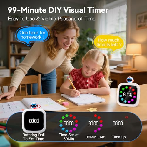 Yunbaoit Digital Visual Timer for Kids, Rechargeable 99-Minute Silent Countdown Timer with 19 Ringtones, 9 Optional DIY Color Planet Display, Time Management Tool with Pause Function (Robot) - style: Robot Doll
