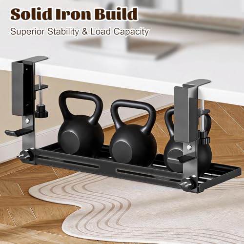Laptop Holder for Desk,Desk Side Storage Organizer, Under Desk Laptop Mount | Clamp-On Vertical Laptop Holder, No Drill Metal Shelf with Headphone Hook & Power Strip Holder, Black