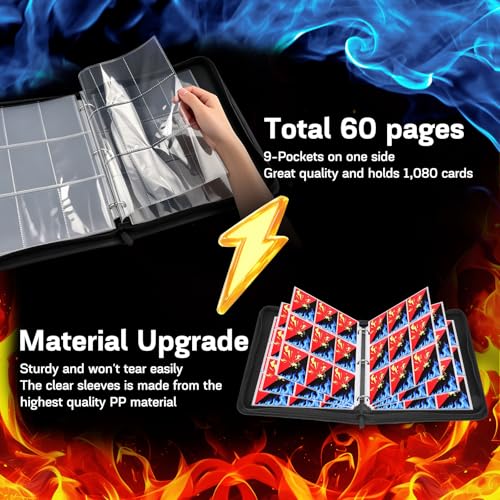 Card Binder 9 Pocket, 1080 Cards Trading Card Binder with 60 Removable Sleeves, Portable Card Binder with Zipper Suitable for TCG, CCG, Sports Cards, Card Sleeves Made of Premium PP Material for Gift