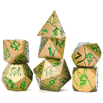 Metal Dice for DND - Ancient Cracked Pharaoh Ruins - Gold Green Cracks | Beautiful 7pc Polyhedral Dice Set, Smooth Rolling, Role Playing Games (RPG), Compatible with D&D, for Dungeons and Dragons - color: Gold and Green Cracks