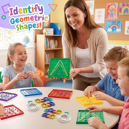 6 Pack Double-Sided Geoboard Math Preschool Classroom Manipulative for Kids | Geo Board Set with Rubber Bands and 15 Pattern Cards for STEM Shapes, Classroom Must Haves, Fine Motor Games for Kids Party