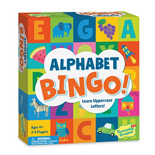 Peaceable Kingdom Alphabet Bingo! Letter Learning Educational Board Game for 2 to 6 Kids Ages 4+ | Teach letters and sounds with a bingo twist—6 boards, 26 letter tokens and 72 chips. Educational fun for ages 4+