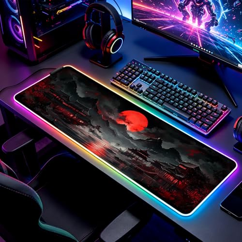 RGB Japanese Dreamy Lakescape Full Moon Gaming Desk Mat, Computer Keyboard Large Extended Long LED Mouse Pad for Office and Home, XL (W07) - color: Rgb-w07