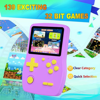 32 Bit Handheld Games for Kids Preloaded 139 Retro Video Games, Purple | Portable Video Gaming Player with 3.0" IPS Screen Rechargeable Battery,Mini Travel Games Electronic Gifts Toys for Boys Girls - color: Purple