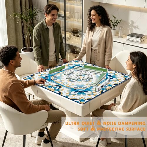 UTELKA Blue Moroccan Mahjong Mat with Rules, Flroal Mahjong Mats Non-Slip Rubber Mahjong Table Cover Noise Reduction Game Pad Mah Jong Mats, Moroccan Accessories Supplies Card Games Gifts 31.5 Inch - color: Blue Flroal