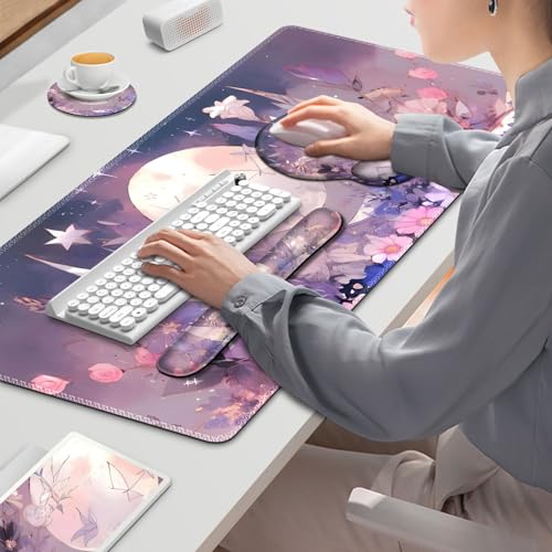 Large Desk Mat, Gaming Mouse Pad Desk Pad, Mousepad + Keyboard Wrist Rest | +Mouse Wrist Rest+Coaster Set with Ergonomic XXL Desk Pad Protector for Home Office PC Computer, Pastel Purple Flower Moon - color: Pastel Purple Flower Moon