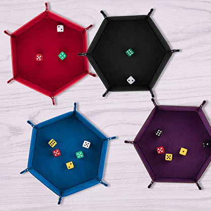 SIQUK 4 Pieces Dice Tray Set Foldable Dice Trays Hexagon Dice Rolling Tray PU Leather Dice Holder for Dice Games Like RPG, DND and Other Table Games (Red, Black, Blue and Violet) - color: Red, Black, Blue and Violet