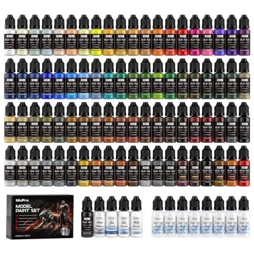 Nicpro 80 Colors Complete System Acrylic Model Paint Set, 20ml Ready to Use | Modeling Paints with 8 Thinners & 5 Specialty Bottles, Matte Metallic Wash & Effects Miniature Paint Kit for Models - style: 80 Colors with 8 Thinners & 5 Specialty Bottles