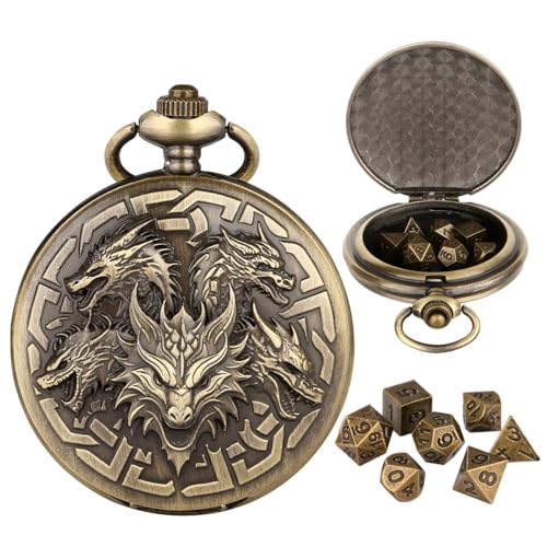 Mini DND Dice Set with Retro Five Dragon Heads Pocket Watch Shell Case, DND Starter Set, 7pcs Polyhedral Mini Metal Dice Set, D&D Gifts with Gift Box, Role Playing Board Game Accessories, Bronze - color: Bronze