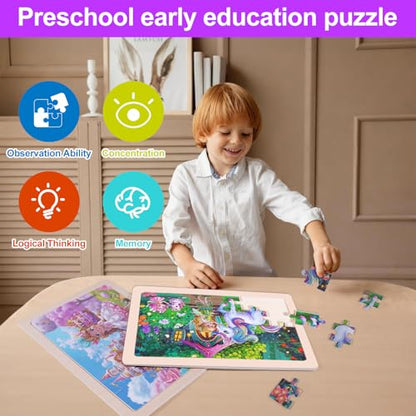 Wooden Puzzles for Kids Ages 3-5, 4 Packs Montessori Toddler Jigsaw Puzzles, Preschool Educational Toys for Children Ages 4-8, Puzzle Boards Toys for 3 4 5 6 7 8 9 Boys Girls (Animal B) - style: Princess