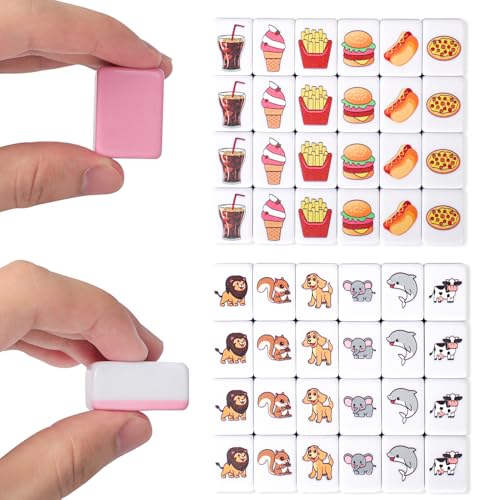 GRACIAS 2 Players Mahjong Block Set, Mahjong Tile Game with 50 Premium Pink Tiles(30mm) Animal and Food Pattern, Portable Mahjongg Set with A Carry Bag - color: Pink