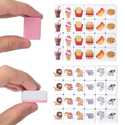 GRACIAS 2 Players Mahjong Block Set, Mahjong Tile Game with 50 Premium Pink Tiles(30mm) Animal and Food Pattern, Portable Mahjongg Set with A Carry Bag - color: Pink