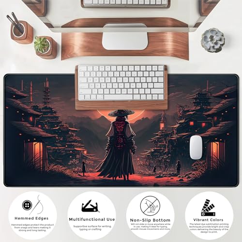 Japanese Landscape Desk Mat Post Moonlight Samurai Mouse Pad Large Dark Aesthetic Desk Pad Gaming Mousepad Extended XXL 31.5 x 15.7 in Laptop Computer Mouse Keyboard Mat - color: A Japan Samurai