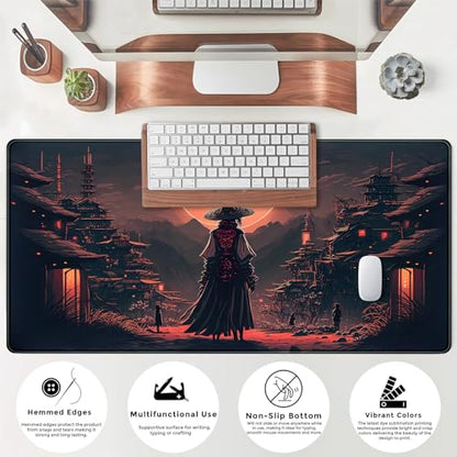 Japanese Landscape Desk Mat Post Moonlight Samurai Mouse Pad Large Dark Aesthetic Desk Pad Gaming Mousepad Extended XXL 31.5 x 15.7 in Laptop Computer Mouse Keyboard Mat - color: A Japan Samurai