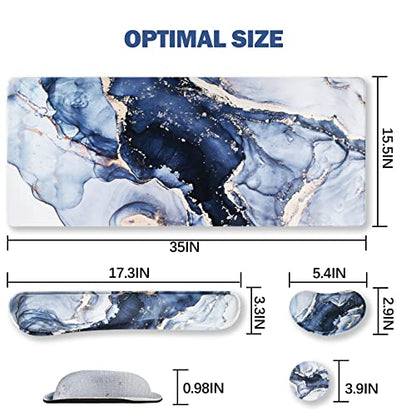 ARTSO Large Gaming Mouse Pad, Keyboard Wrist Rest Pad & Wrist Support Mousepad Set, Stitched Edge, Extended, Non-Slip Base, Memory Foam,Multifunctional Desk Mat 4pcs for Office & Home, Gilt Marble - color: Gilt Marble