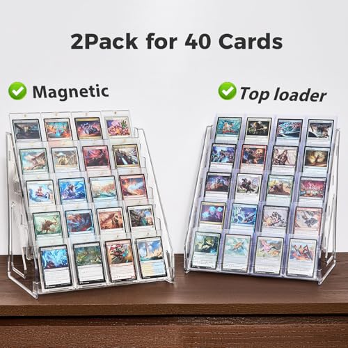 DEEIF 2 Pack Acrylic Trading Card Display Stand, 5-Tier Clear Shelf Holds Up to 40 Cards, 12" Wide Card Holder for Top loaders & Magnetic Cases, Large Storage for TCG, MTG Cards - size: 5 Tier, 2 Pack