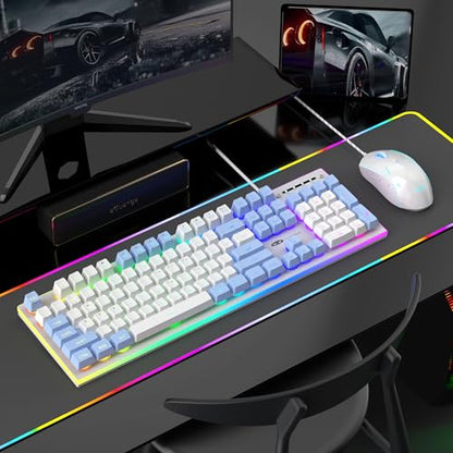 MageGee GT838 Gaming Keyboard and Mouse Combo, 104 Keys RGB Backlit Quiet Wired Keyboards for Laptop PC MAC, with Number Pad, Metal Panel, Anti-Ghosting, White Blue - color: White Blue