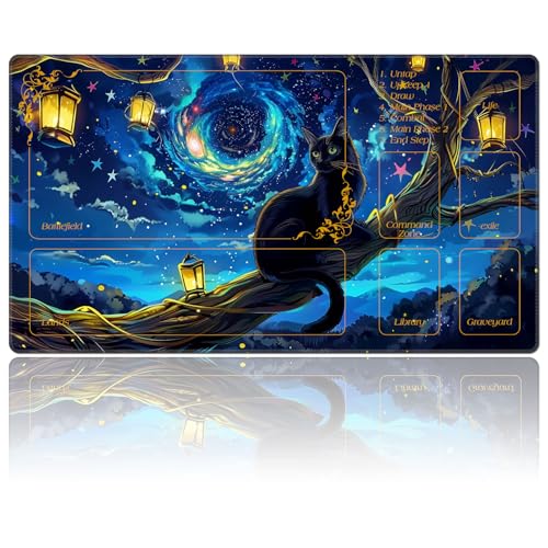 for MTG Playmat with Zones 24 x 14 inches for TCG Playmat MTG Mat Non-Slip Rubber Base Commander Playmat for Magic The Gathering Playmat Iorcana Trading Card Game, Black Cat Sits On The Branch - color: Black Cat Sits on the Branch, size: 24" x 14"