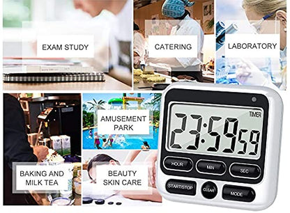 Digital Kitchen Timer with Mute/Loud Alarm Switch ON/Off Switch, 12 Hour Clock & Alarm, Strong Magnet and Simple Operation, Count Up & Count Down for Kids Teachers Cooking, Large LCD Display (Black) - color: Black