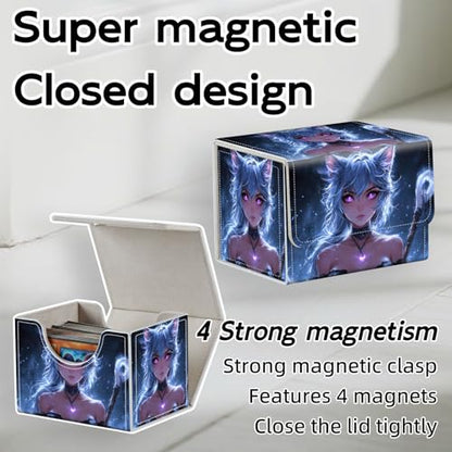 Trading Card Storage Box, Holds 100+ for MTG Cards, PU Leather with Magnetic Closure, Blue Cat Girl Mage Fantasy Durable Deck Box for Magic the Gathering, Trading Card Games - color: Blue Cat Girl Mage Fantasy