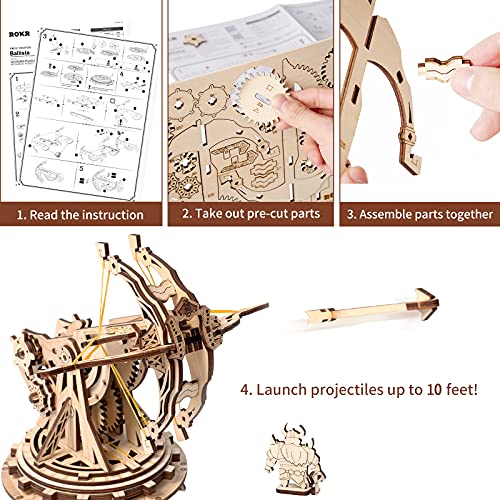 ROKR 3D Wooden Puzzles for Adults, DIY Wooden Ballista Launcher Toys Building Model Kits STEM Projects Toys for Adult