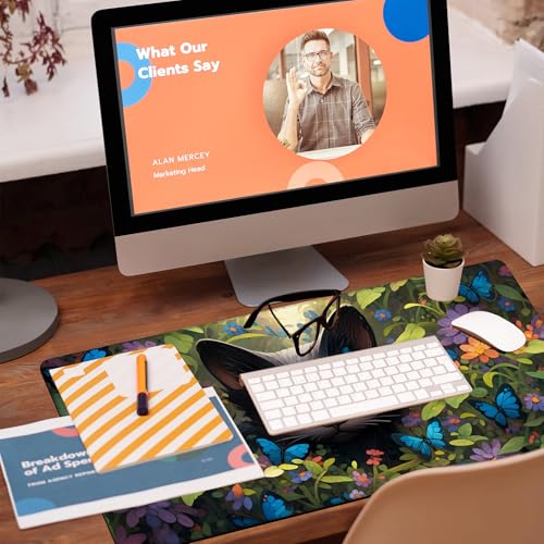 Desk Pad, Cute Black Cat Desk Mat, Cat Among Butterfly Flowers Large Gaming Mouse Pad for Desk, 31.5"x15.7" Extended Big Computer Keyboard Mouse Pad with Non-Slip Base and Stitched Edge - color: Cute Black Cat