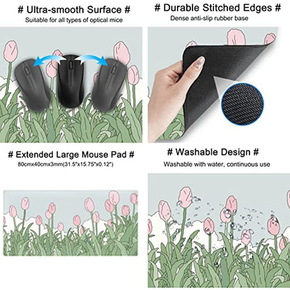 WatercolorTulip Flower Mouse Pads,Extended Gaming Mousepad XXL Kawaii Anime Desk Mat Pink Green Large Full Desk Mouse Pad for Wireless Mouse Keyboard Mat with Stitched Edges 31.5" x15.75 - color: A Pink Tulip