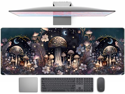 Teng DA Qing Cute Dark Mushroom Moon Night Mouse Pad XL Extended Gaming Mat with Stitched Edges, Computer Laptop Keyboard and Mouse Mat for Women Office Desk Decor, 31.5x11.8 in - color: Dark Mushroom Moon