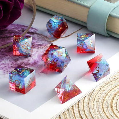 Shiny D&D Dice,DNDND Handmade Double Layers Sharp Edge Die with Gift Case for D&D Dungeons and Dragon Games (Red and Blue) - color: Red and Blue