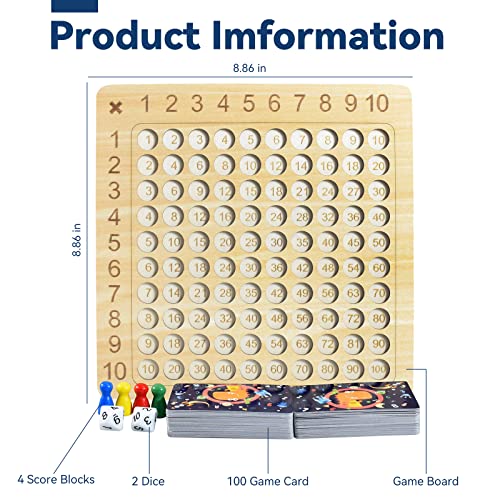 BAKAM Wooden Multiplication Board Math Game for Kids 8-12, Math Manipulatives Set with 100PCS Flash Cards for Kids 6-8 Years Old, Montessori Counting Toy Preschool Learning