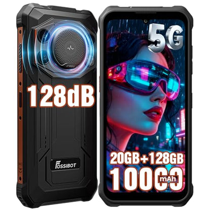 FOSSIBOT F110 Pro Rugged Smartphone Unlocked 5G Android 15, 128dB Loudest Speaker 20GB+128GB /2TB 10000mAH, 6.7'' HD Display 50MP Rear Camera, IP68/69K Waterproof, NFC/Dual SIM/Widevine L1 - color: Oranger