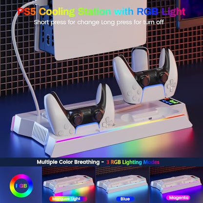 PS5 Cooling Station Stand RGB with Dual Controller Charging Station for PlayStation 5 Console, PS5 Accessories Incl. Controller Charger, Cooling Fan, Headset Holder, 3 USB Hub - color: color-white
